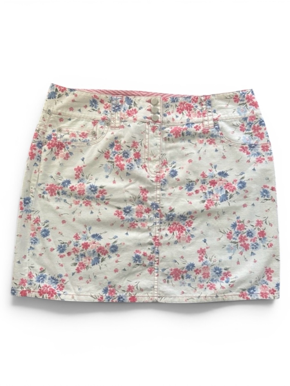LOFT White Mini Skirt W/Pink  Blue Floral Print 5 Pocket 3 Buttons Zipper
8P